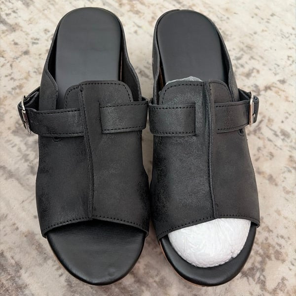 Black Open Toe Wedge Slide Sandals Buckle Accent NWOB size 8