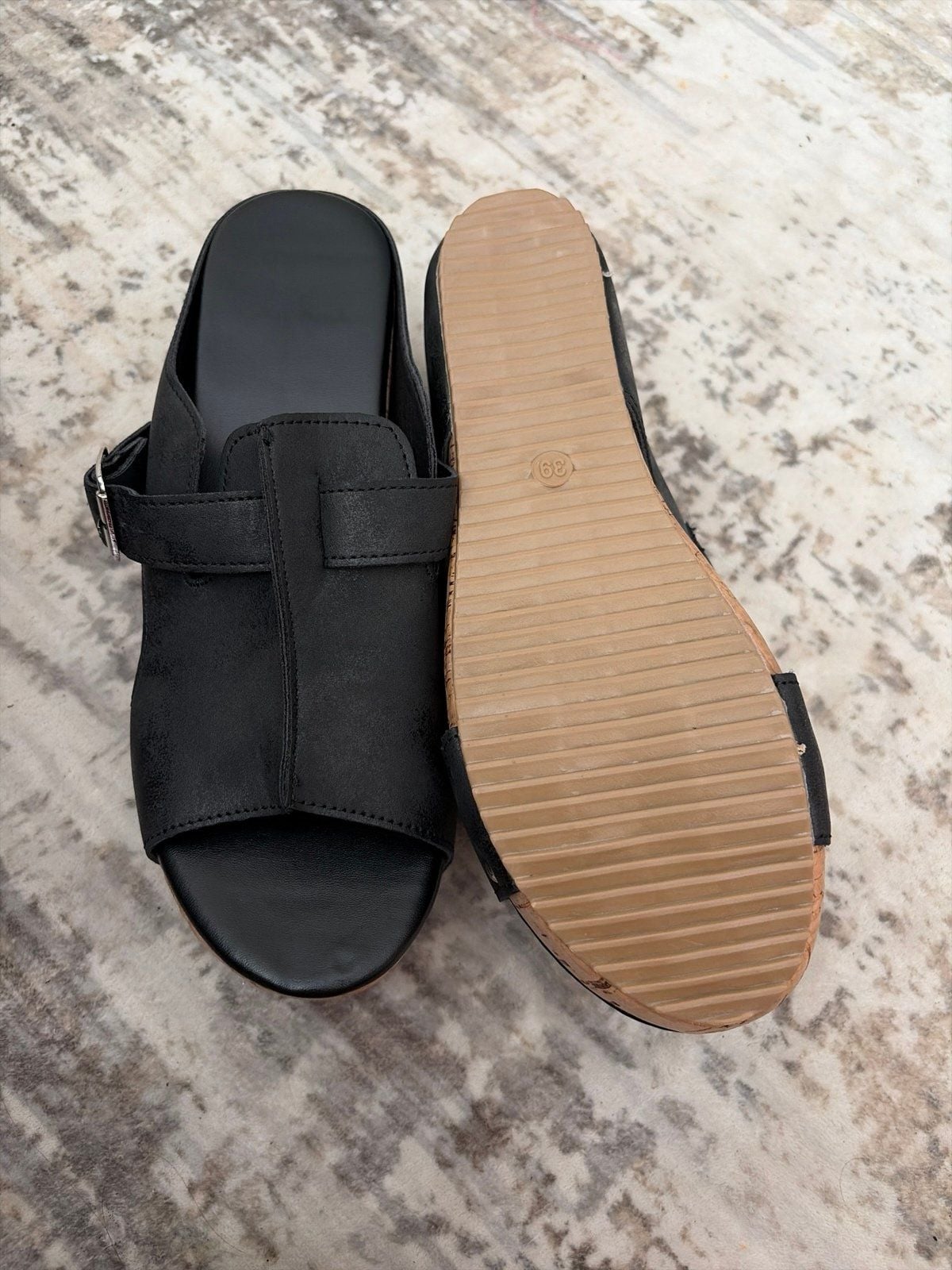 Black Open Toe Wedge Slide Sandals Buckle Accent NWOB size 8 3