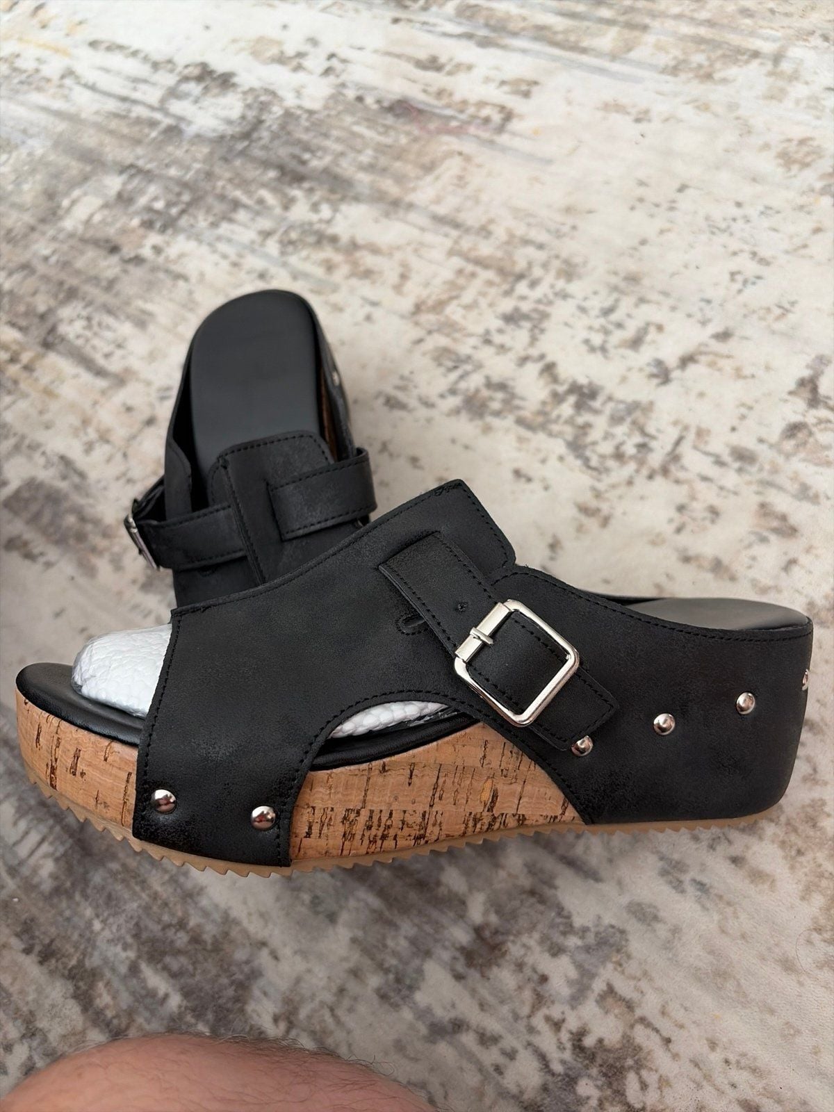 Black Open Toe Wedge Slide Sandals Buckle Accent NWOB size 8 4