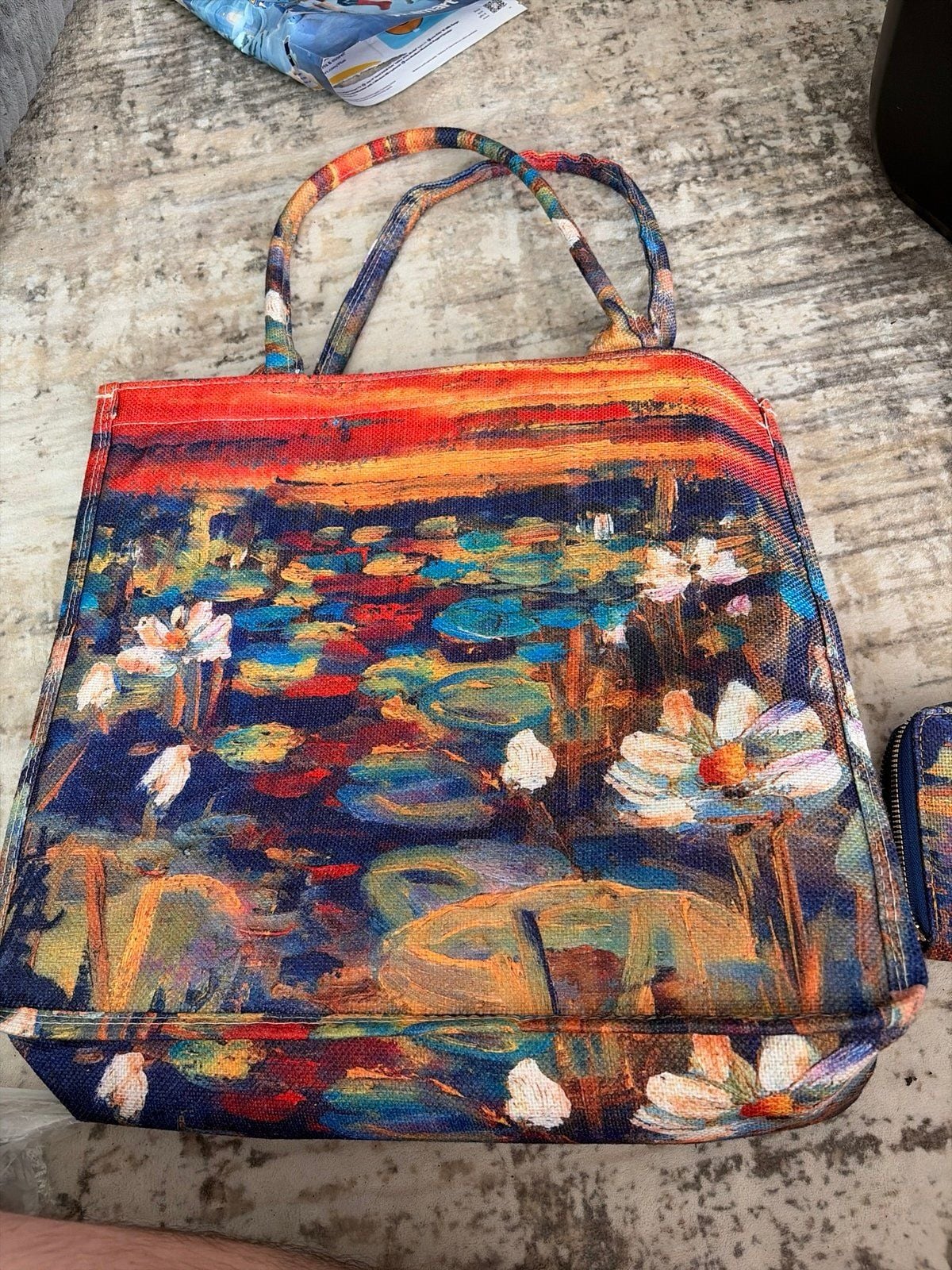 Claude Monet Water Lilies Red Sunset Tapestry Tote Bag & Wallet Set 4