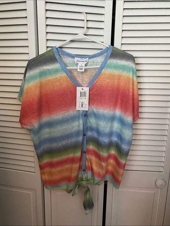 For The Republic Rainbow Striped Tie-Front Button Down Shirt 2