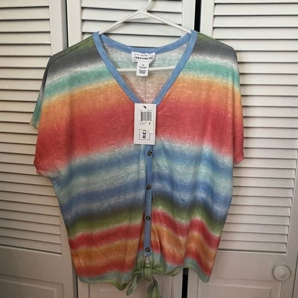 For The Republic Rainbow Striped Tie-Front Button Down Shirt