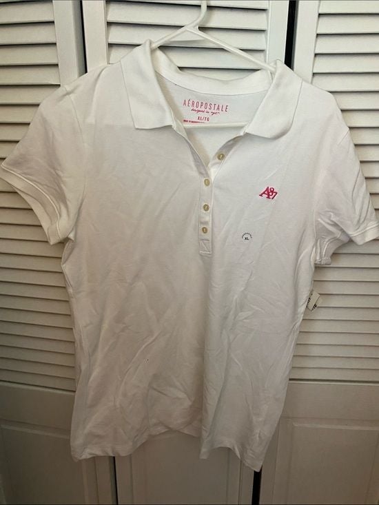Aeropostale White Short Sleeve Polo with Pink Logo 2