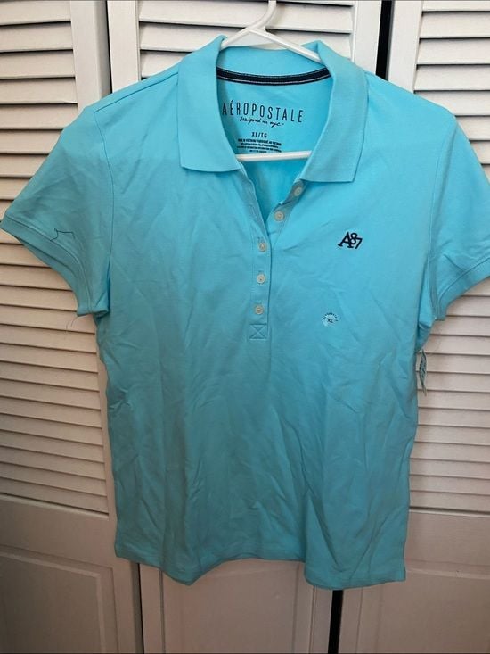 Aeropostale Women's Aqua Short Sleeve Polo with A87 Logo 2