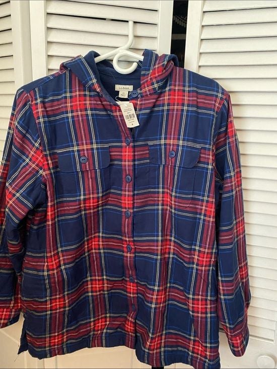 L.L. Bean Navy, Red and Yellow Plaid Hooded Button-Down Shirt 2