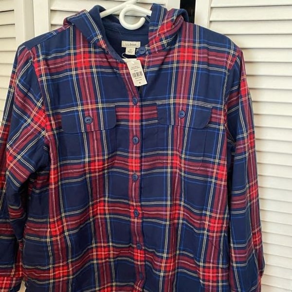 L.L. Bean Navy, Red and Yellow Plaid Hooded Button-Down Shirt