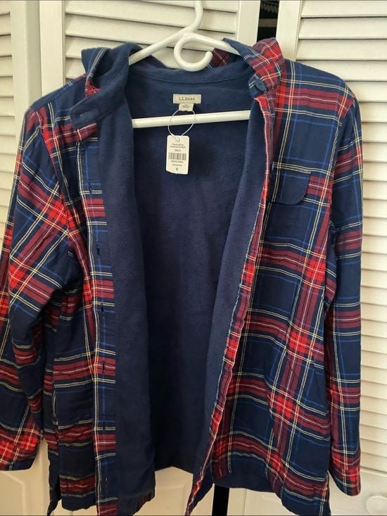 L.L. Bean Navy, Red and Yellow Plaid Hooded Button-Down Shirt 4