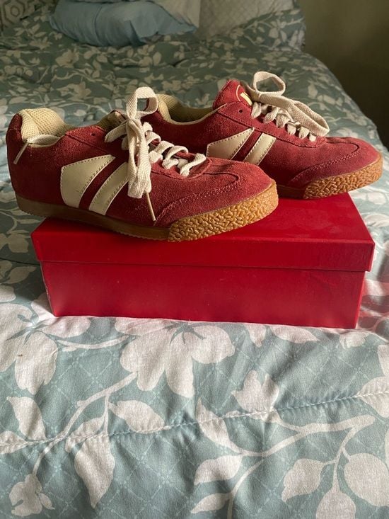 Women's Red Suede Lace-Up Sneakers with Cream Stripes 2