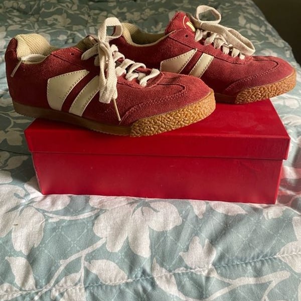 Women's Red Suede Lace-Up Sneakers with Cream Stripes