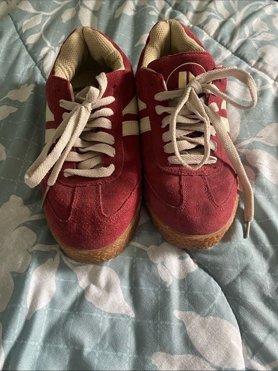 Women's Red Suede Lace-Up Sneakers with Cream Stripes 3