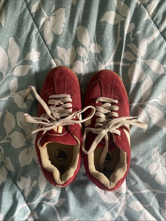 Women's Red Suede Lace-Up Sneakers with Cream Stripes 4