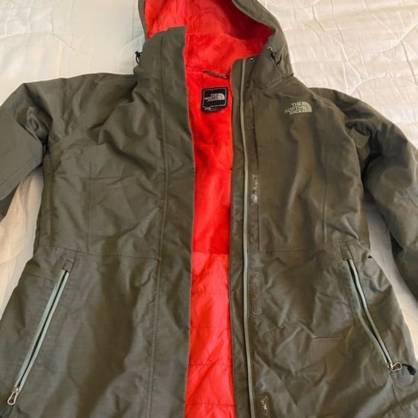 The North Face Olive Green Jacket with Red Interior Lining