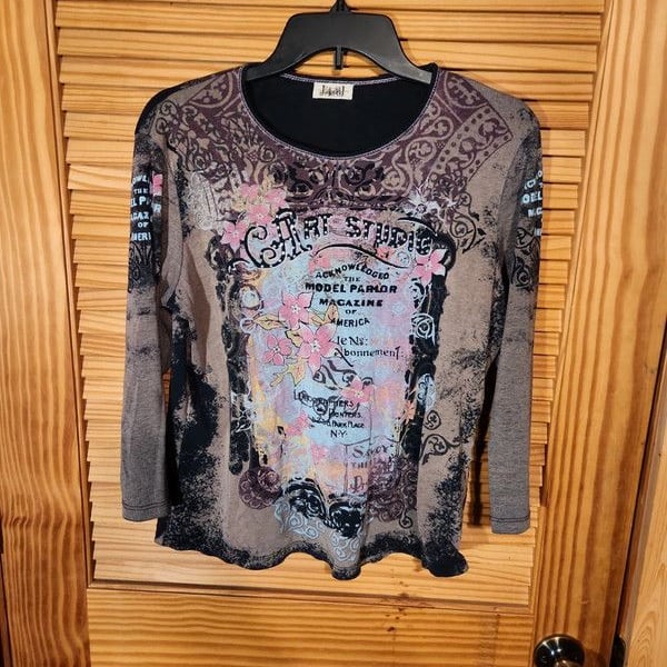 Vintage Y2K Jamee J Art Studio Graphic Top Whimsigoth Fairy Grunge 3/4 Sleeve