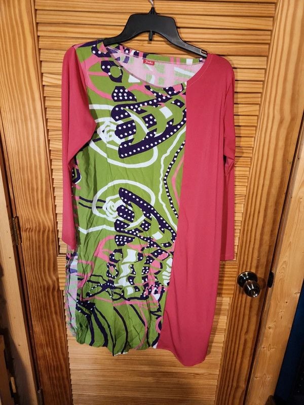 Preka Colorblock Asymmetric Midi Dress – Abstract Swirl & Dot Print, Size Large 2