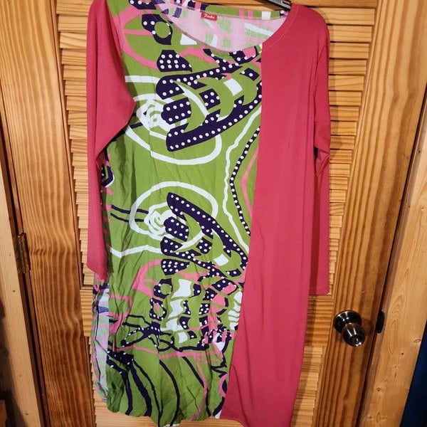 Preka Colorblock Asymmetric Midi Dress – Abstract Swirl & Dot Print, Size Large