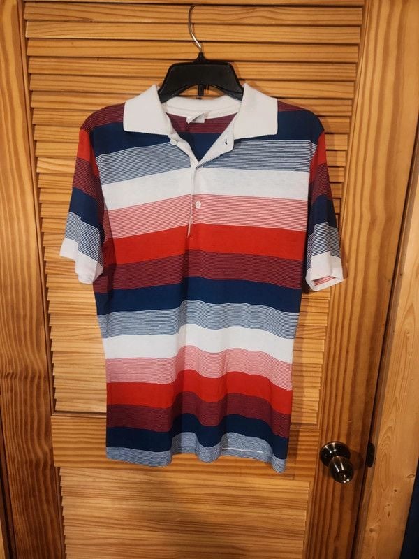 Vintage 80s Jantzen Classics Striped Polo Shirt Large Red White Navy Blue 2
