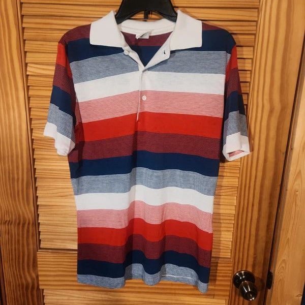 Vintage 80s Jantzen Classics Striped Polo Shirt Large Red White Navy Blue