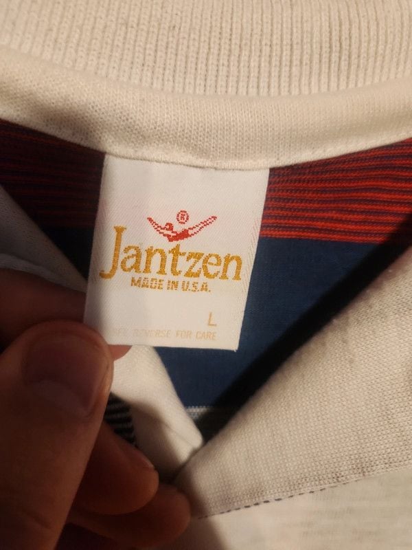 Vintage 80s Jantzen Classics Striped Polo Shirt Large Red White Navy Blue 3