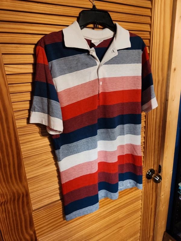 Vintage 80s Jantzen Classics Striped Polo Shirt Large Red White Navy Blue 4