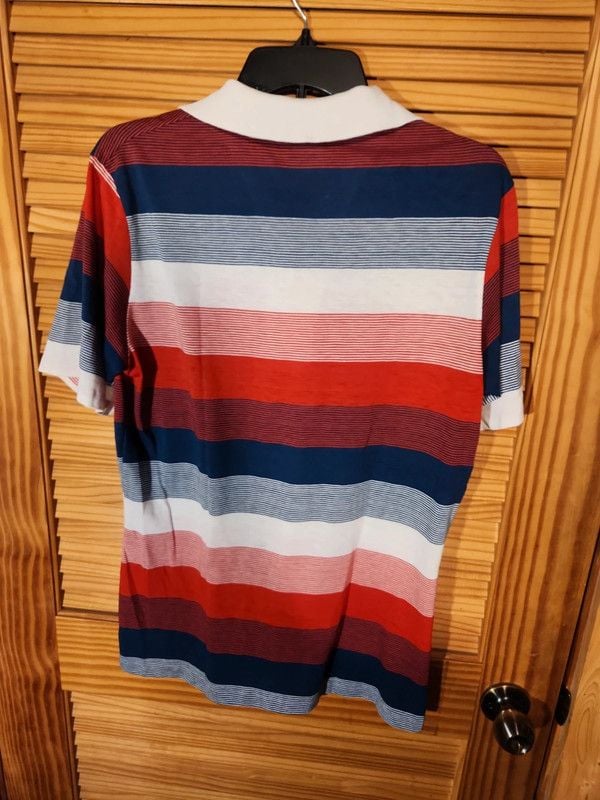 Vintage 80s Jantzen Classics Striped Polo Shirt Large Red White Navy Blue 6