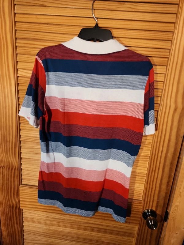 Vintage 80s Jantzen Classics Striped Polo Shirt Large Red White Navy Blue 7