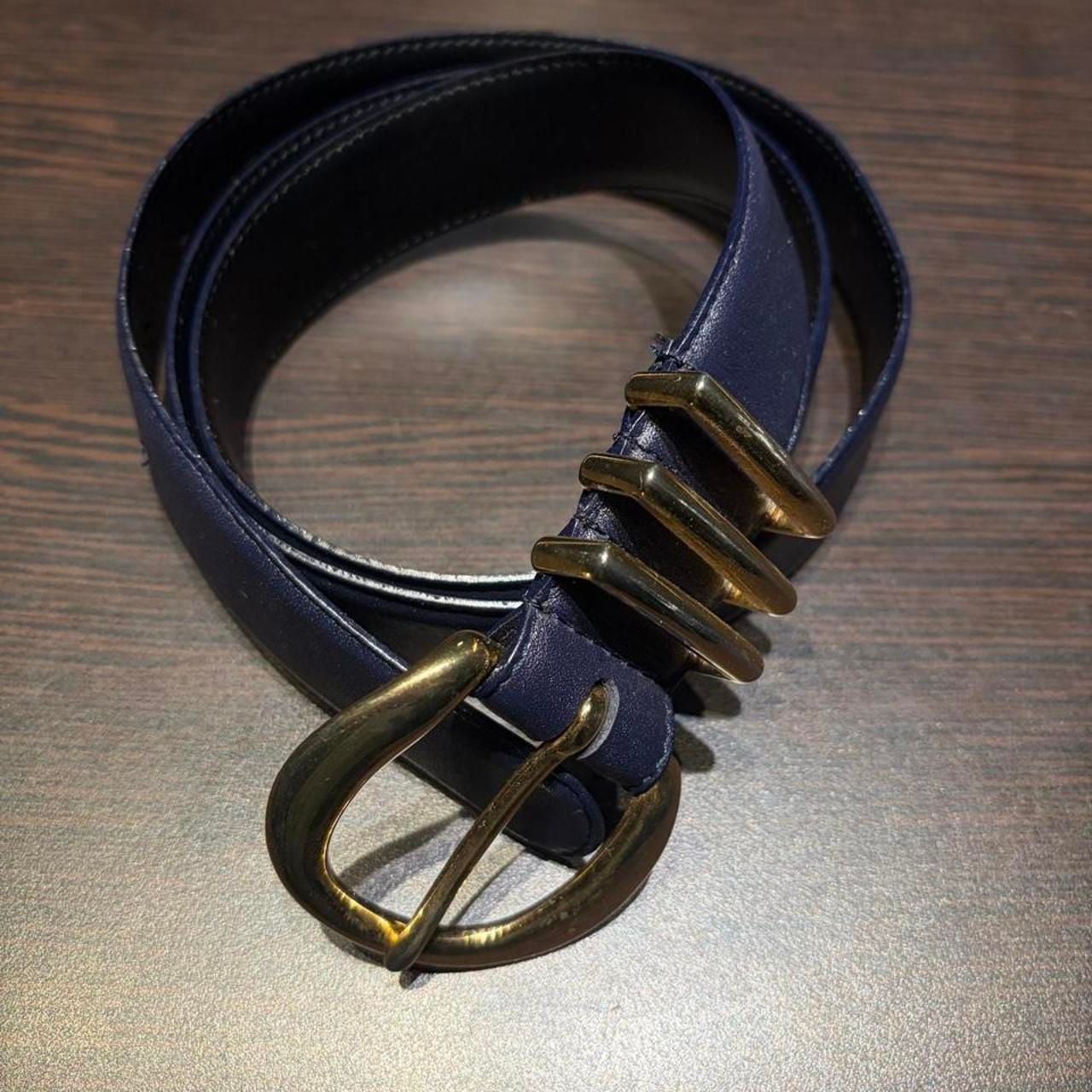 Liz Claiborne Leather Belt Size 42 Blue Gold Solid Brass Vintage 1