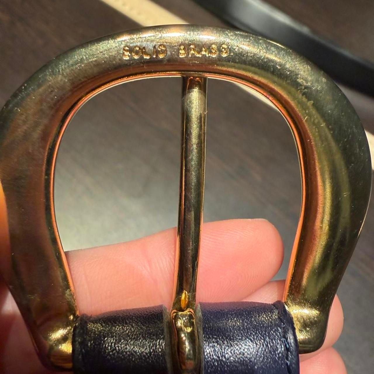 Liz Claiborne Leather Belt Size 42 Blue Gold Solid Brass Vintage 6