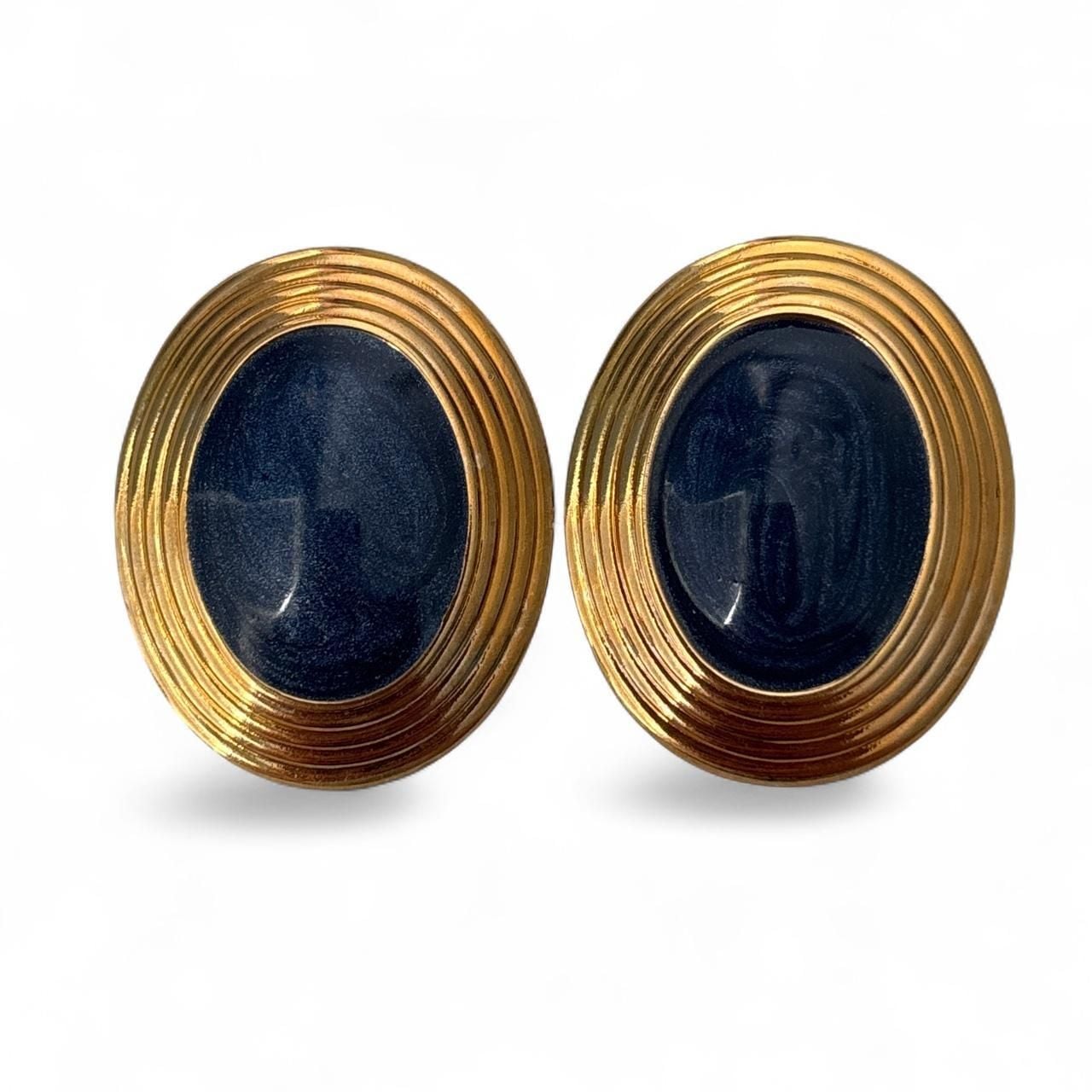 Vintage-Inspired Gold-Tone Oval Navy Blue Statement Stud Earrings 2