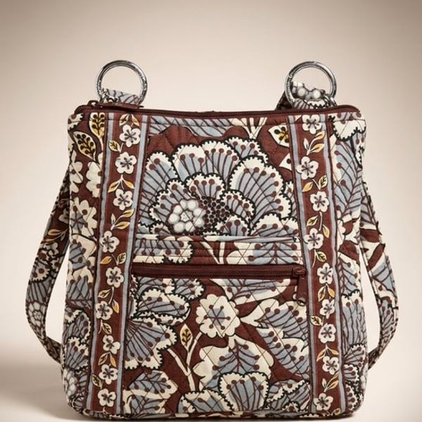 Vera Bradley Slate Blues Quilted Floral Crossbody Bag in Brown and Light Blue