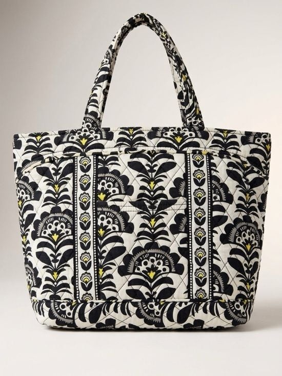 Vera Bradley fanfare Quilted Black & White Floral Tote Bag with Yellow Accents 2