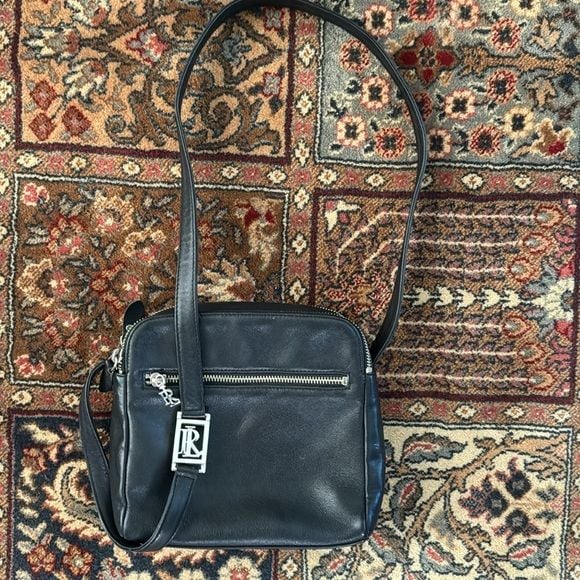 RALPH LAUREN BLACK
LEATHER SMALL CROSSBODY SHOULDER BAG DUAL ZIP TOP
VTG 3