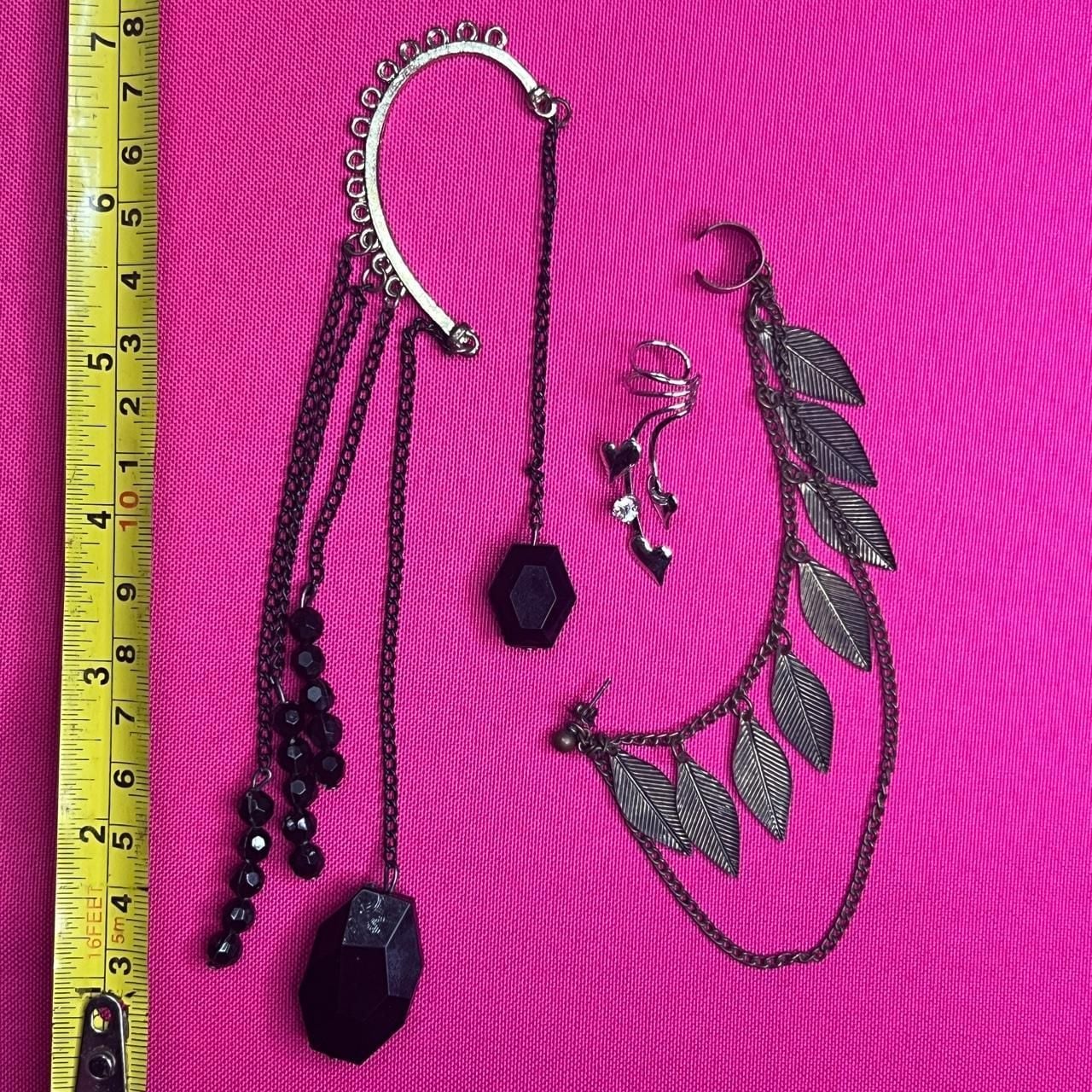 Gothic Ear Cuff Set Black Silver Chain Leaf Dangle 3