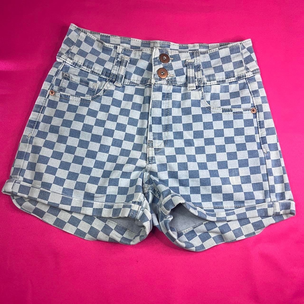 No Boundaries Blue Checkered Denim Shorts Size 7 2