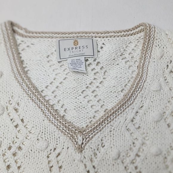 Express Tricot Hand Knitted Chunky Ramie/Cotton Blend V-Neck Sweater Vintage 90s 8