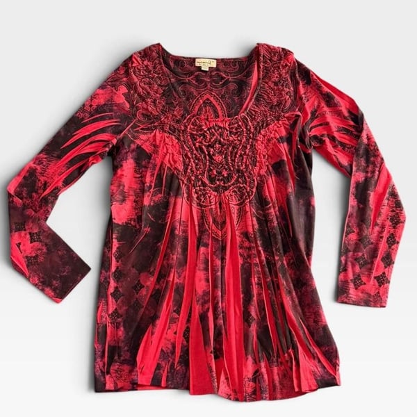 One World Velvet Tunic Mini Dress Size M Red Black Y2K Whimsigoth