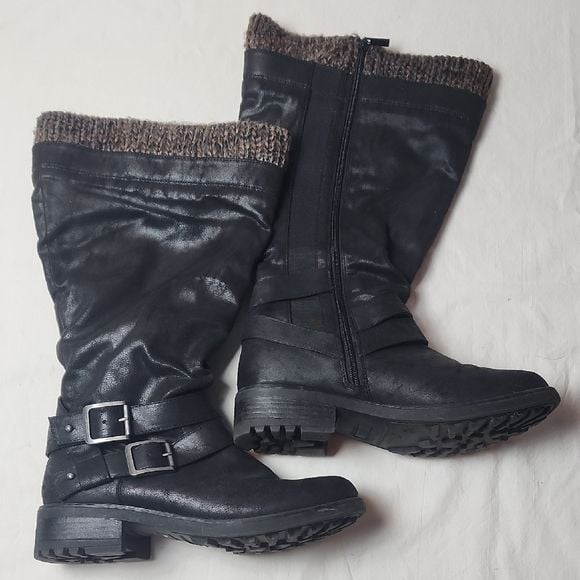 Torrid Boots 9 Wide Knee High Black Sweater Trim Faux Leather Zip Strappy Buckle 2