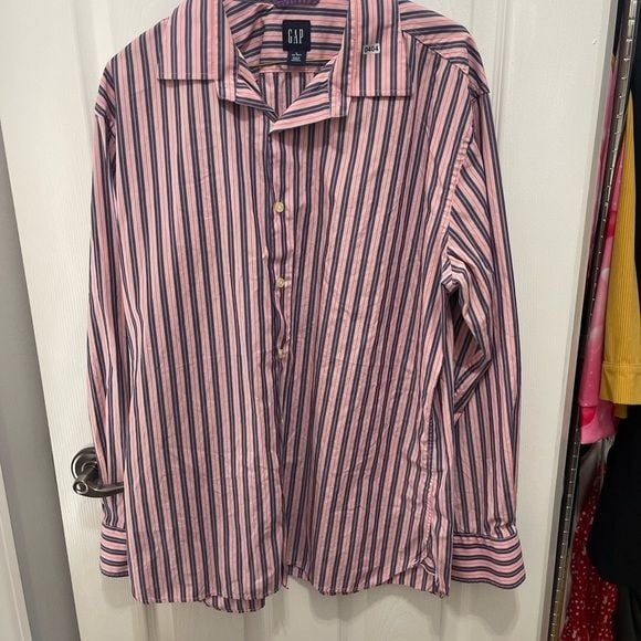 Gap men’s button down shirt large pink and blue striped fitted 5