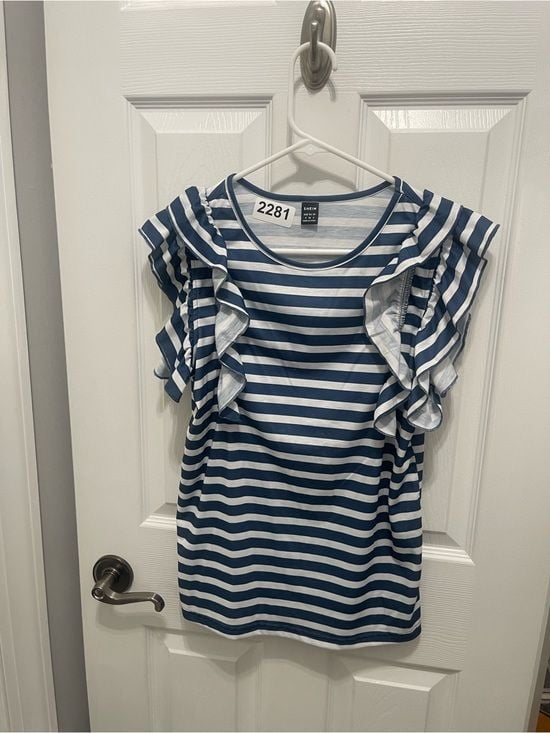SHEIN Blue & White Striped Ruffle Sleeve Top 2