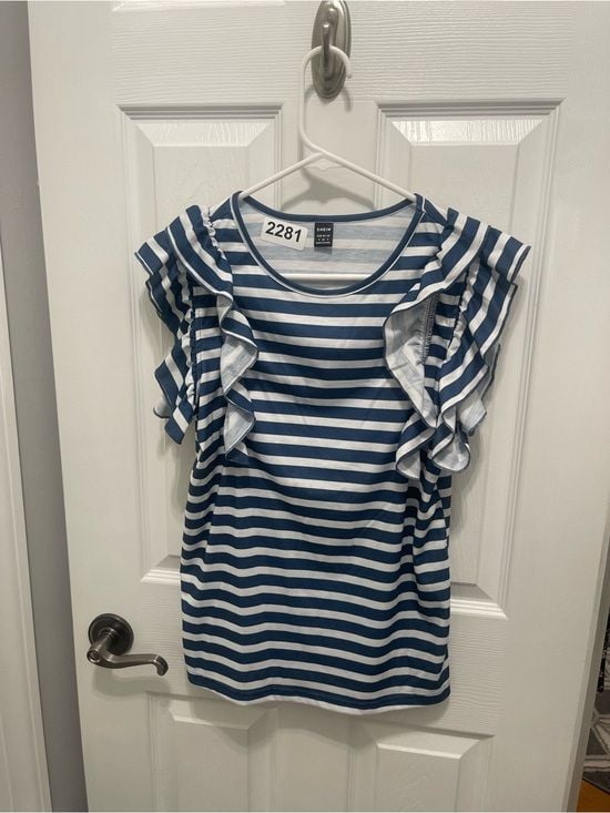SHEIN Blue & White Striped Ruffle Sleeve Top 4