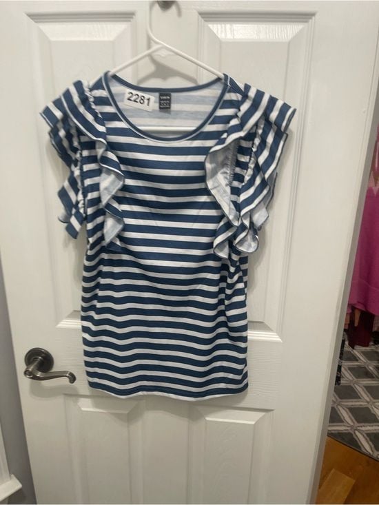 SHEIN Blue & White Striped Ruffle Sleeve Top 7