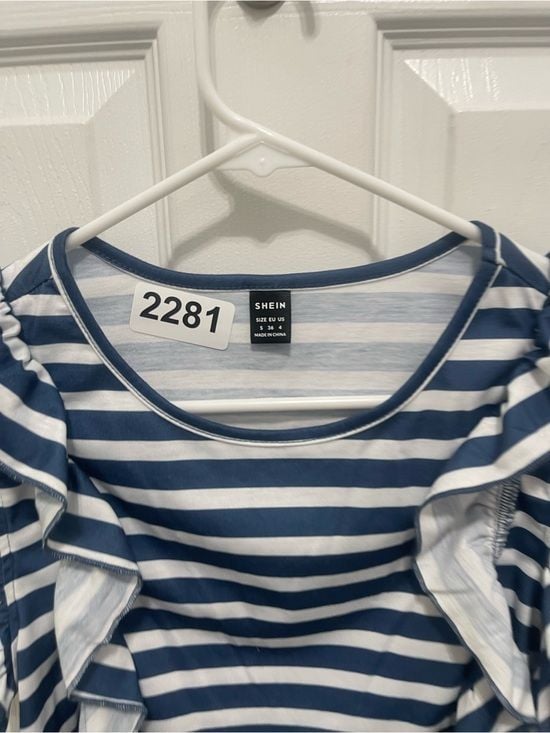 SHEIN Blue & White Striped Ruffle Sleeve Top 8