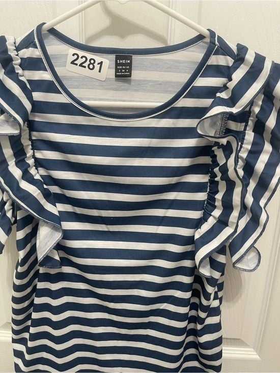 SHEIN Blue & White Striped Ruffle Sleeve Top 10