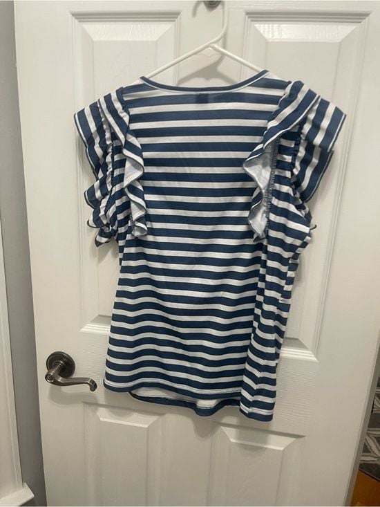 SHEIN Blue & White Striped Ruffle Sleeve Top 12