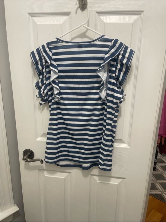 SHEIN Blue & White Striped Ruffle Sleeve Top 13