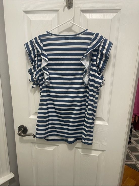 SHEIN Blue & White Striped Ruffle Sleeve Top 14