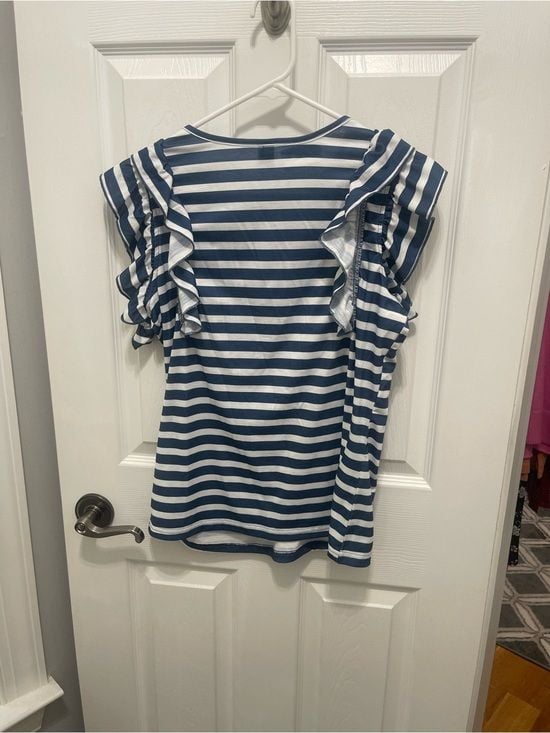SHEIN Blue & White Striped Ruffle Sleeve Top 15