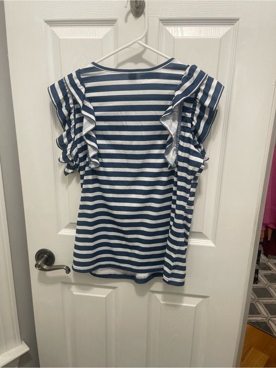 SHEIN Blue & White Striped Ruffle Sleeve Top 16