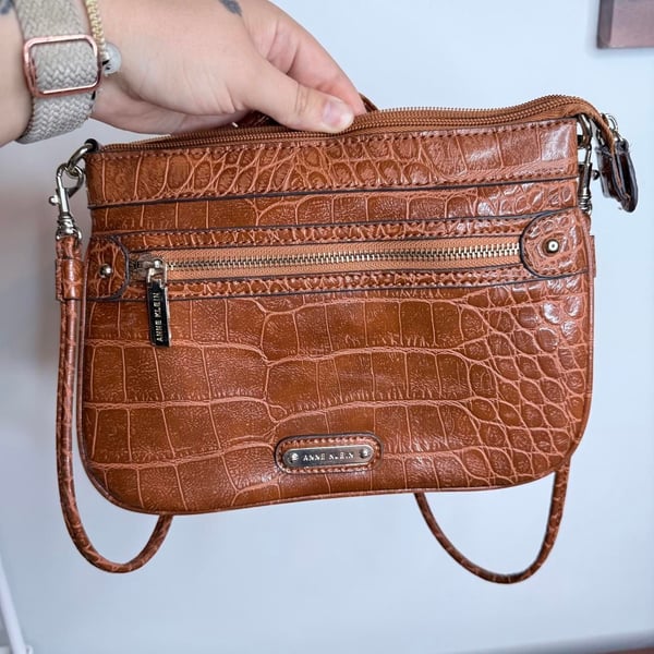 Anne Klein Faux Croc Crossbody Bag Cognac Brown