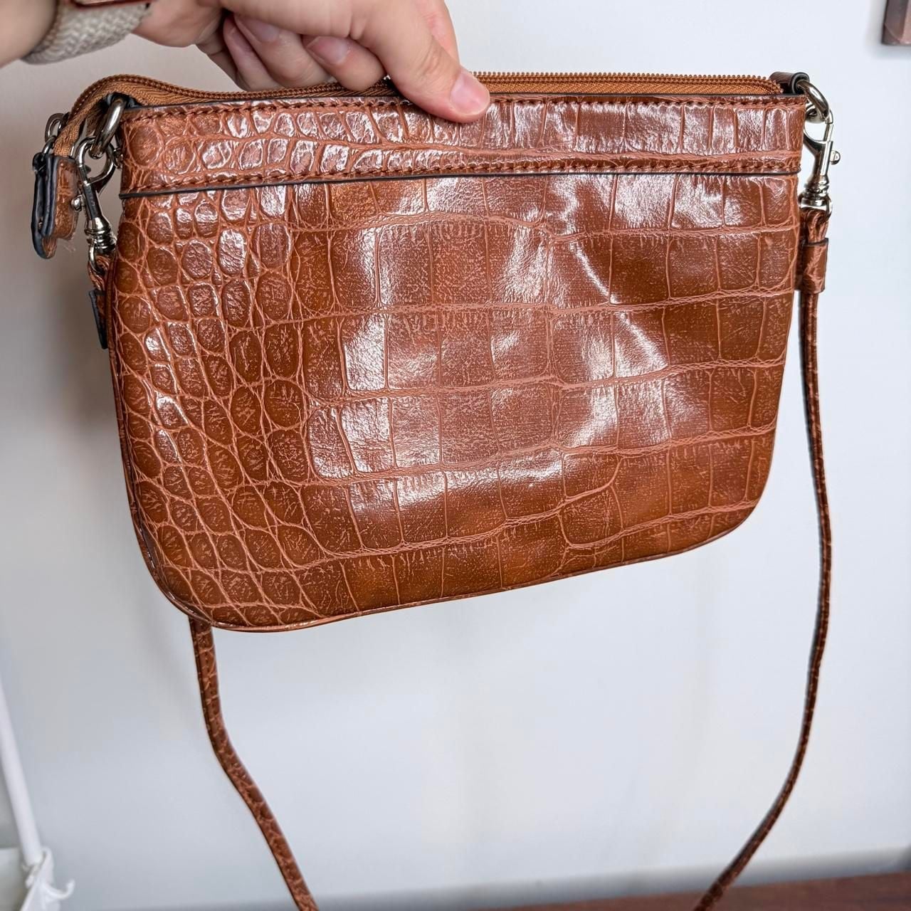 Anne Klein Faux Croc Crossbody Bag Cognac Brown 4