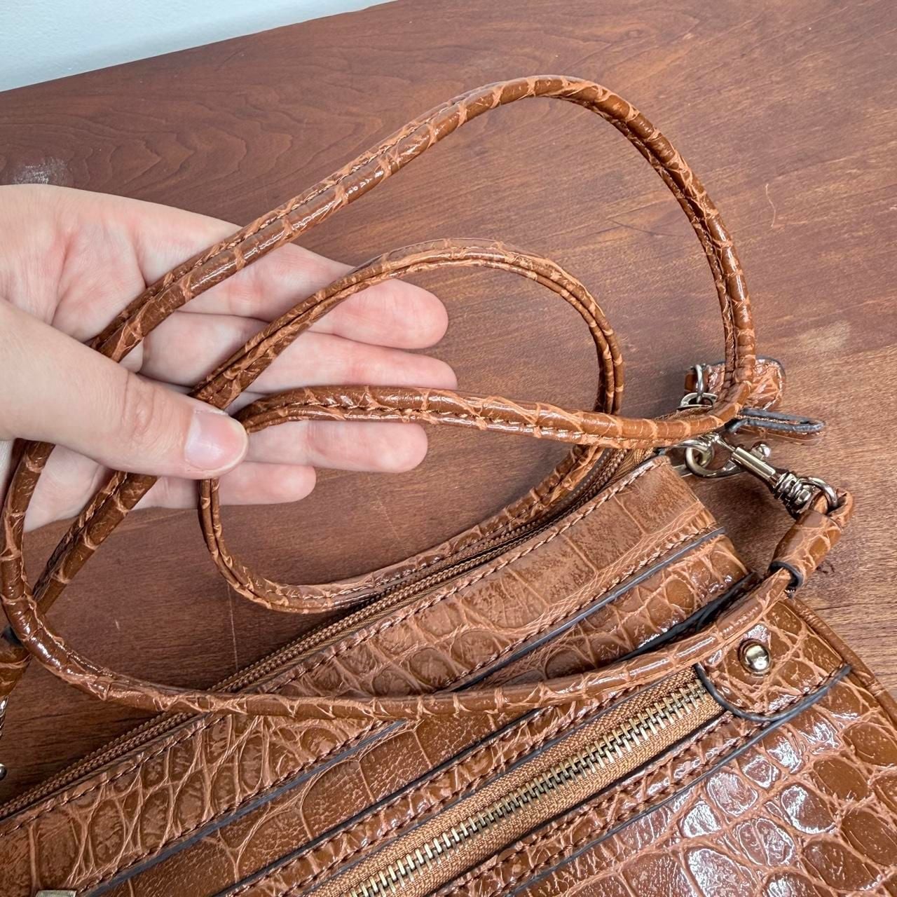 Anne Klein Faux Croc Crossbody Bag Cognac Brown 9